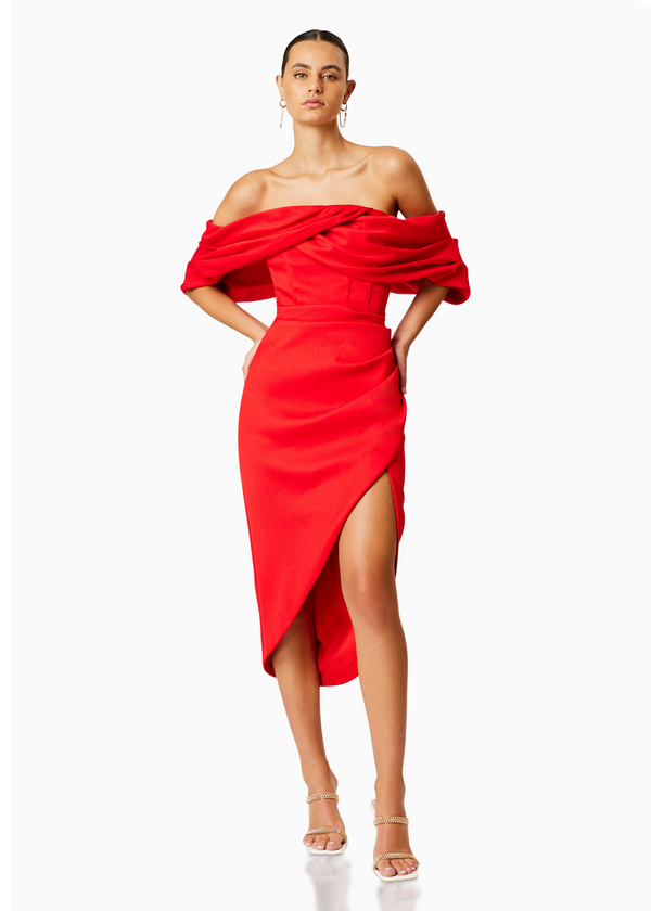 Elliatt March Off-Shoulder Midi Dress in Red